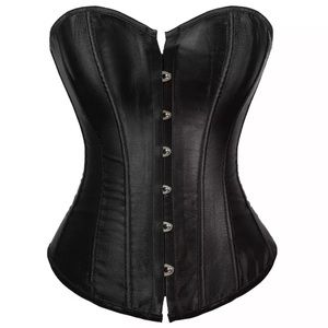 4XL BLACK Satin Corset top Boned Bustier sexy Gothic Lace Up waist trainer